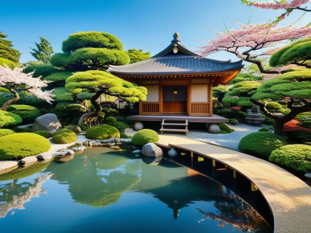 Un oasis de serenidad japonesa con un tradicional tea house rodeado de bonsáis, cerezos en flor y un estanque de koi