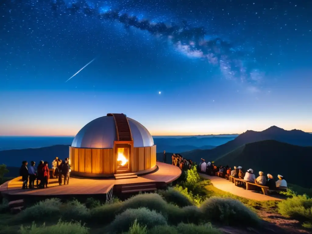 Observatorio indígena en la cima de la montaña, rodeado de naturaleza exuberante