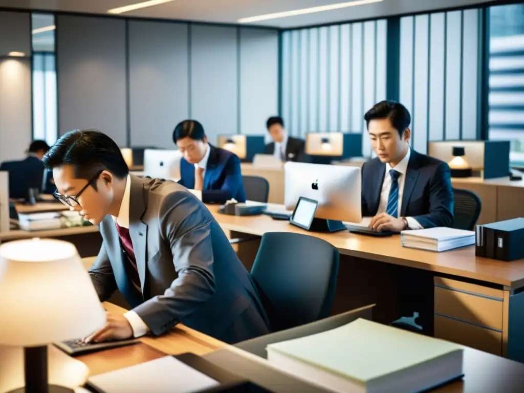 Oficina japonesa: Tradición y modernidad Oficina japonesa tradicional con salarymen trabajando en armonía, reflejando la transformación ética trabajo Japón