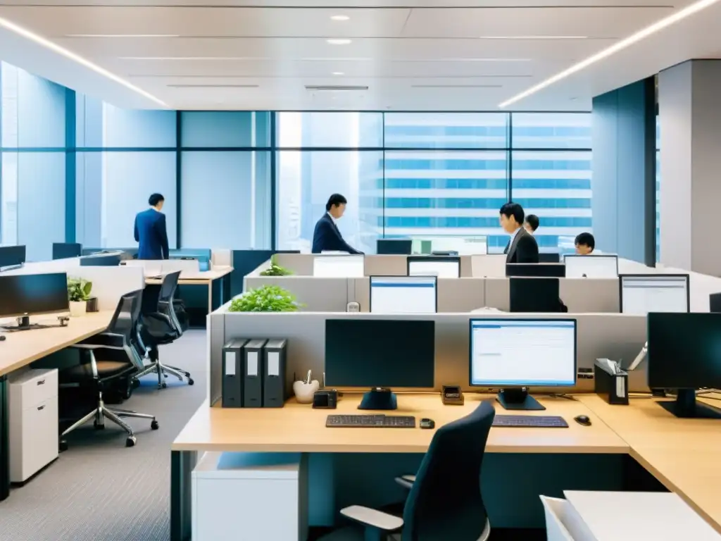 Oficina moderna en Tokyo: Tradición y tecnología en el trabajo Oficina moderna en Tokyo: empleados inmersos en sus tareas, reflejando la transformación ética trabajo Japón