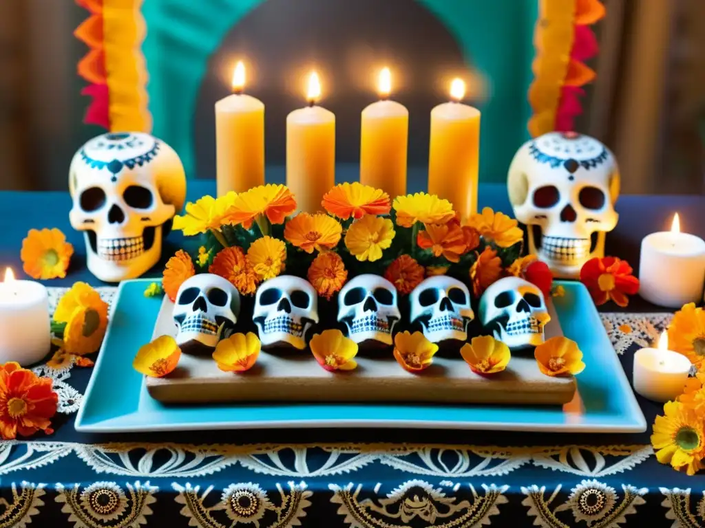 Una ofrenda mexicana detallada con maravillosas comidas ceremoniales en distintas culturas, calaveras de azúcar y papel picado festivo