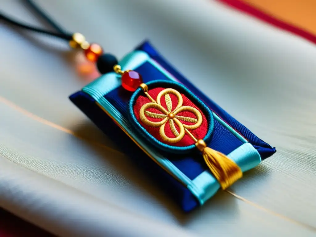 Un omamori japonés detallado y colorido cuelga de un cordón trenzado, con un fondo borroso de un santuario shintoísta