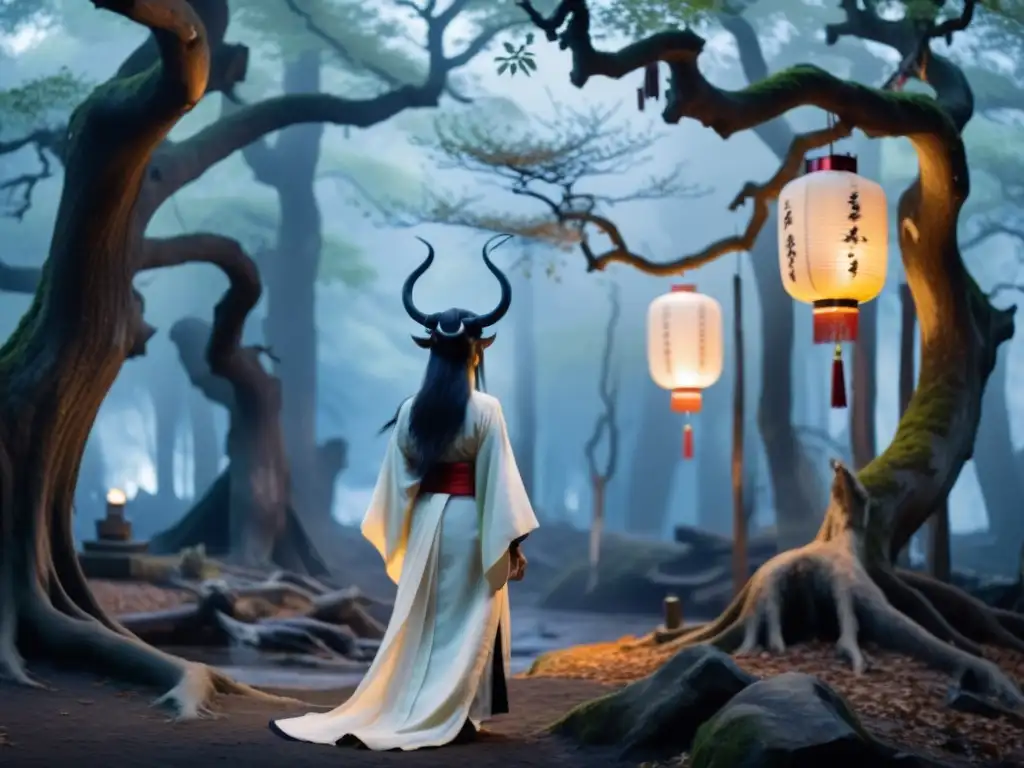 Yurei y Oni en la cultura japonesa: Dos seres espectrales en el bosque neblinoso, iluminados por linternas entre árboles ancestrales