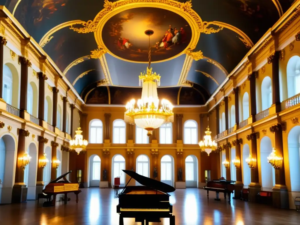 La opulenta sala del Palacio Hofburg en Viena, llena de instrumentos antiguos y una atmósfera musical de la era Habsburgo