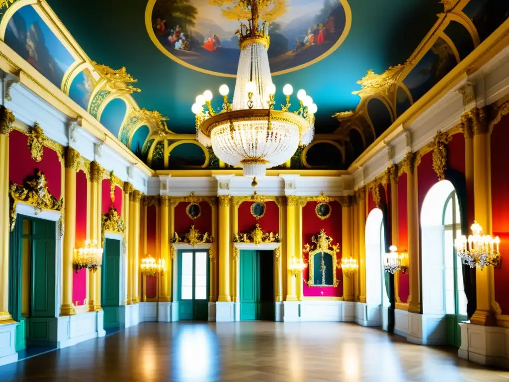 Opulento interior del Palacio Schönbrunn en Viena, destacando su arquitectura barroca, ornamentación y majestuosos candelabros