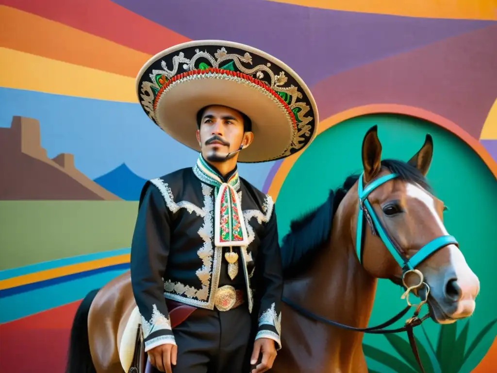 Un orgulloso charro mexicano posa frente a un colorido mural, destacando la iconografía del charro mexicano