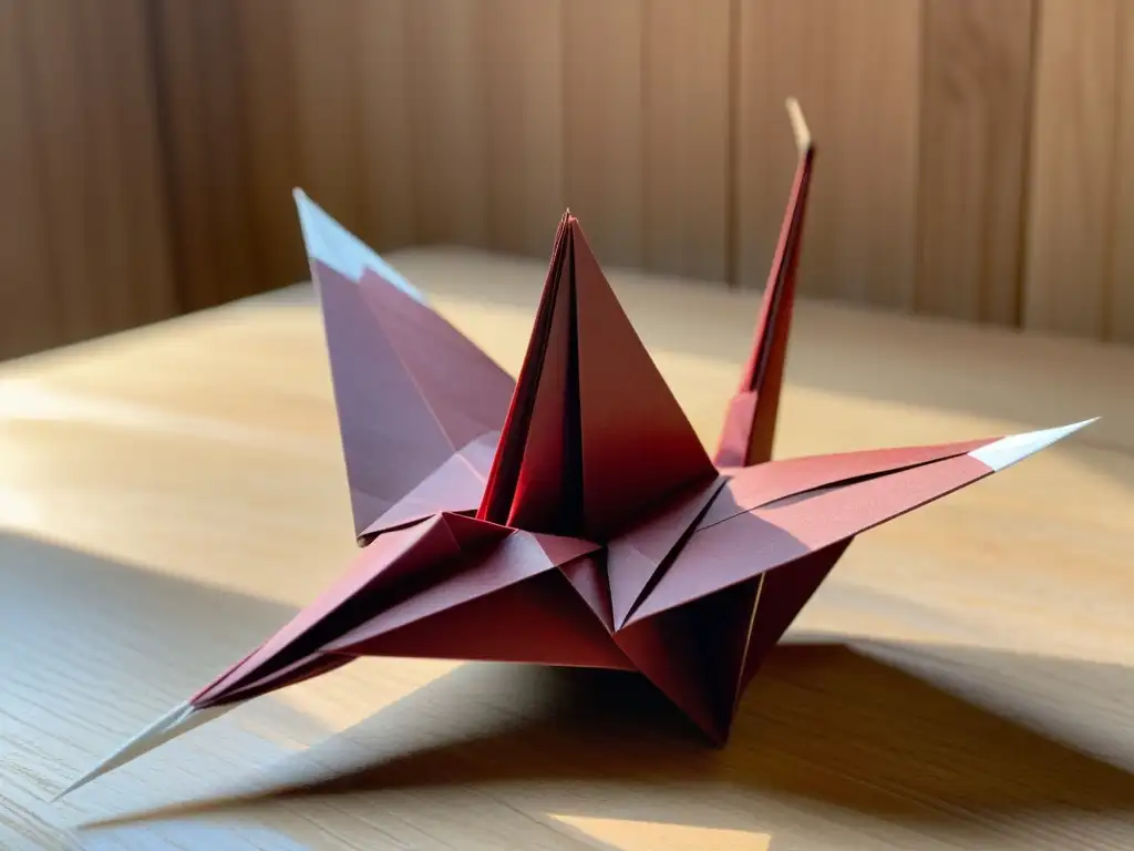 Orígenes y evolución del origami japonés: Detalle de grulla de origami roja en suaves sombras