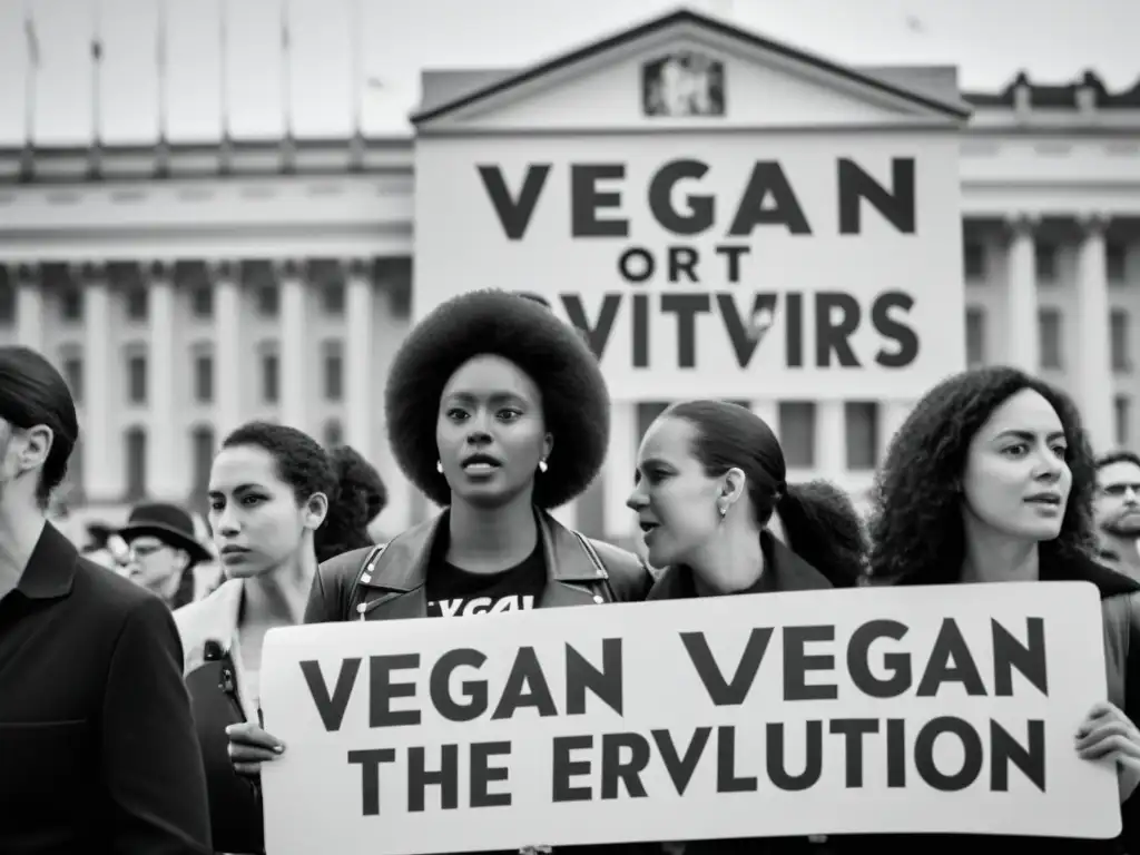 Manifestación pacífica de activistas veganos frente a un hito cultural, evocando los orígenes culturales revolución vegana