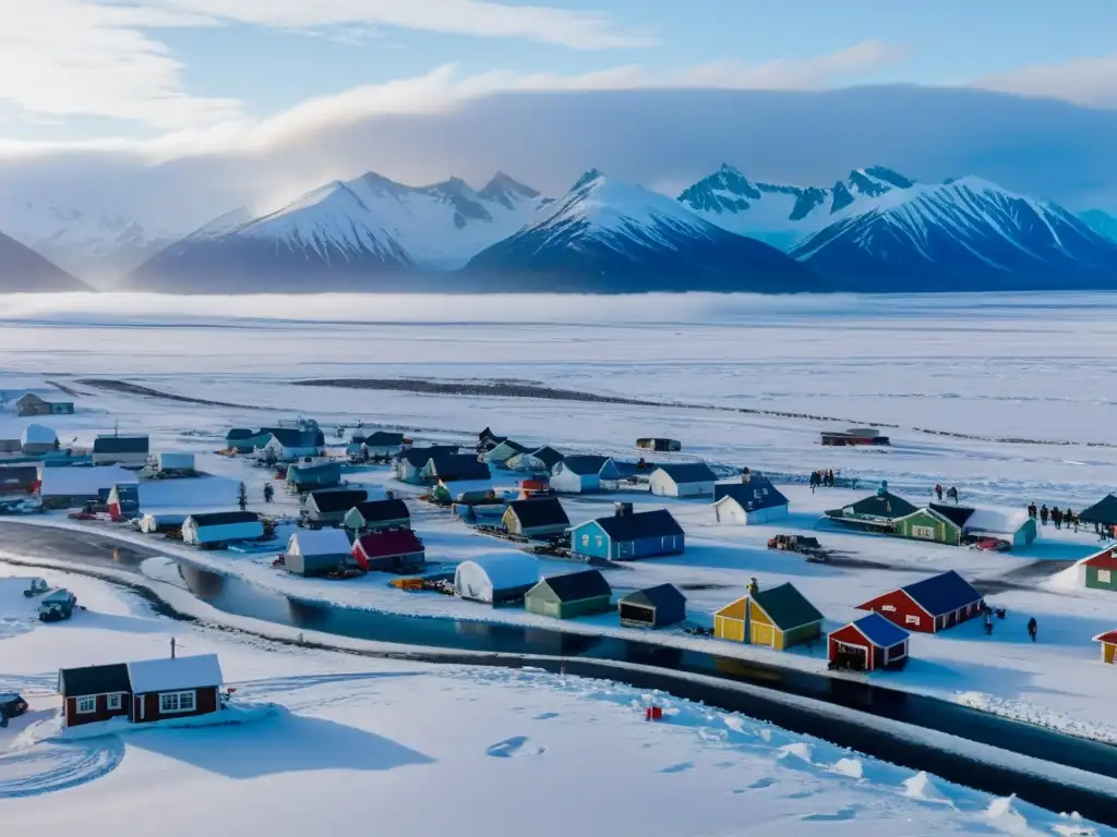 Un paisaje de Alaska con montañas nevadas, tundra con un pueblo indígena y trineos de perros