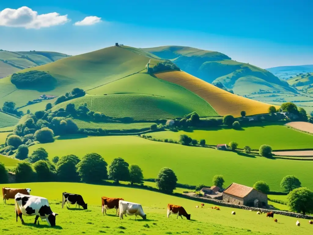 Un paisaje rural idílico con vacas pastando en praderas verdes y una quesería rústica