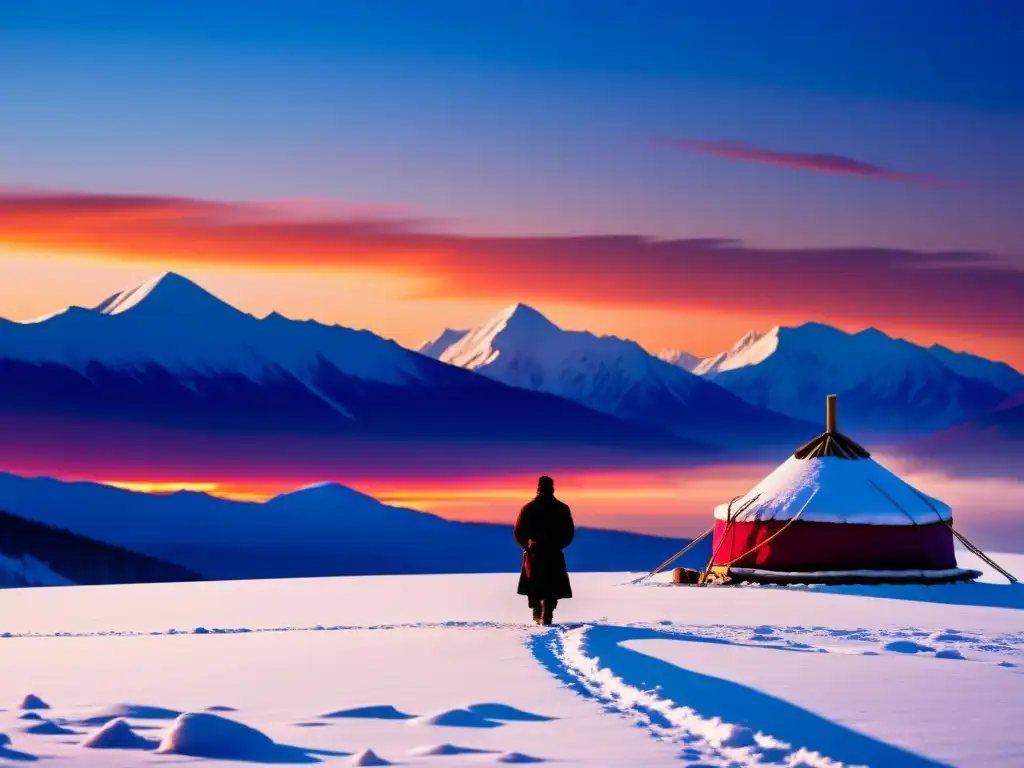 Un paisaje siberiano nevado al atardecer con un chamán realizando un ritual de interpretación de sueños