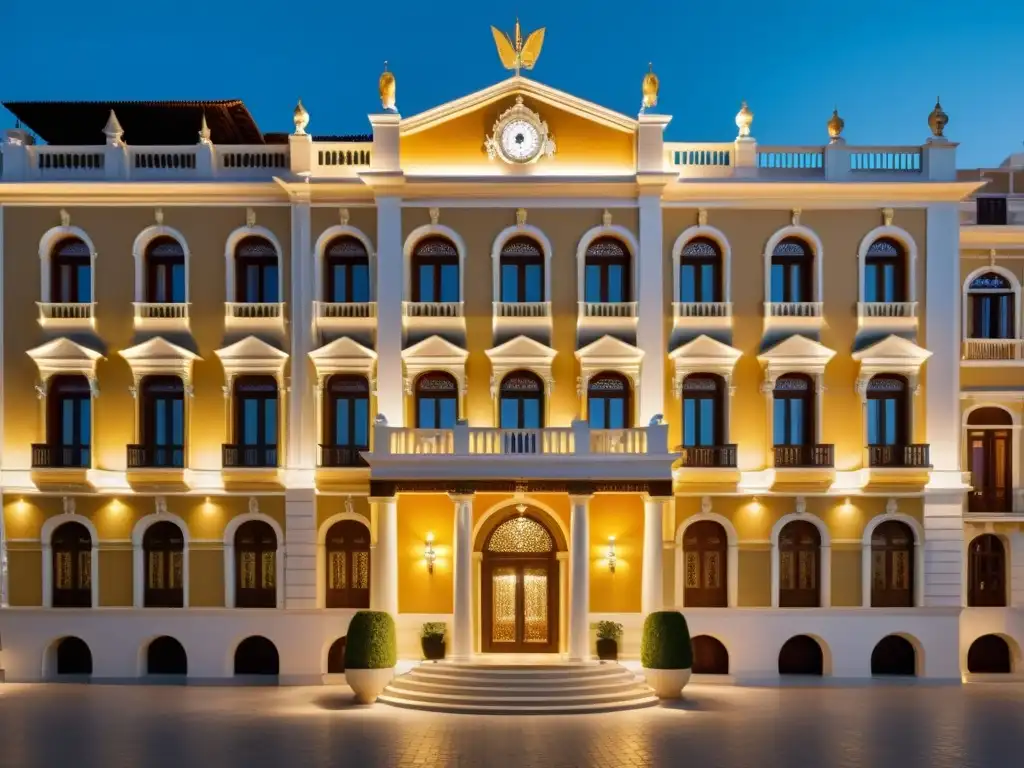 Palacio centenario convertido en hotel de lujo con historia cultural, resaltando detalles arquitectónicos y opulencia moderna