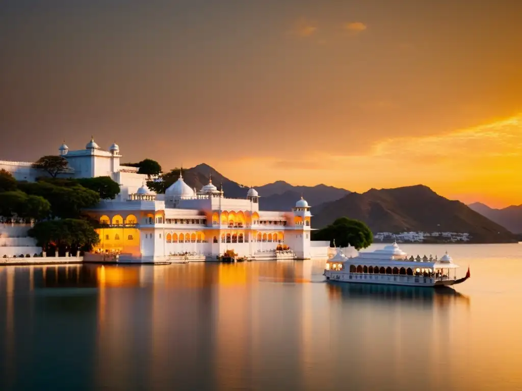 Palacio Taj Lake en Udaipur, India, reflejado en el lago al atardecer