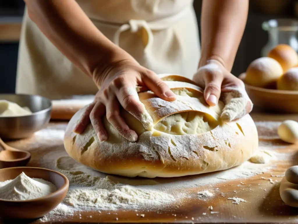 Un panadero experto moldea la masa con las manos, en una cocina rústica llena de ingredientes y herramientas