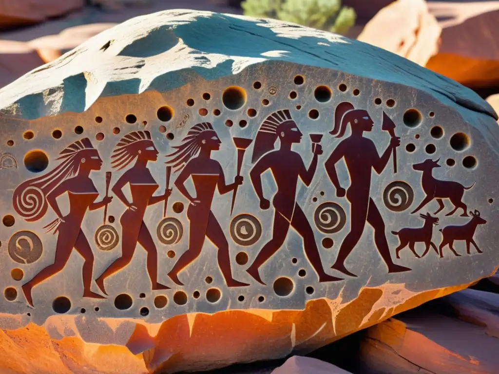 Un panel de arte rupestre nativo americano sagrado tallado en arenisca, con patrones geométricos, figuras humanas y vida silvestre