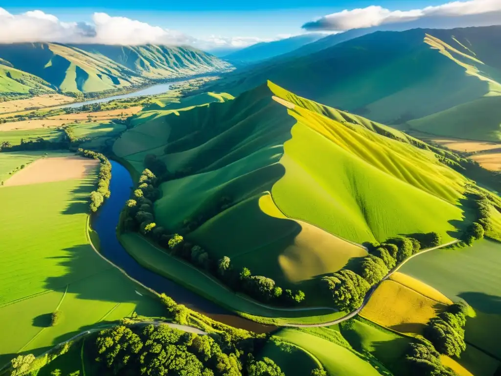 Panorama de las colinas ondulantes y verdes de Canterbury, Nueva Zelanda, evocando las Rutas de El Señor de los Anillos en Nueva Zelanda