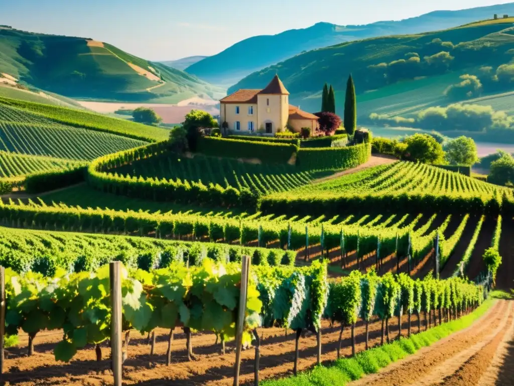 Panorámica de una exuberante viña en la campiña francesa, con trabajadores y un encantador château