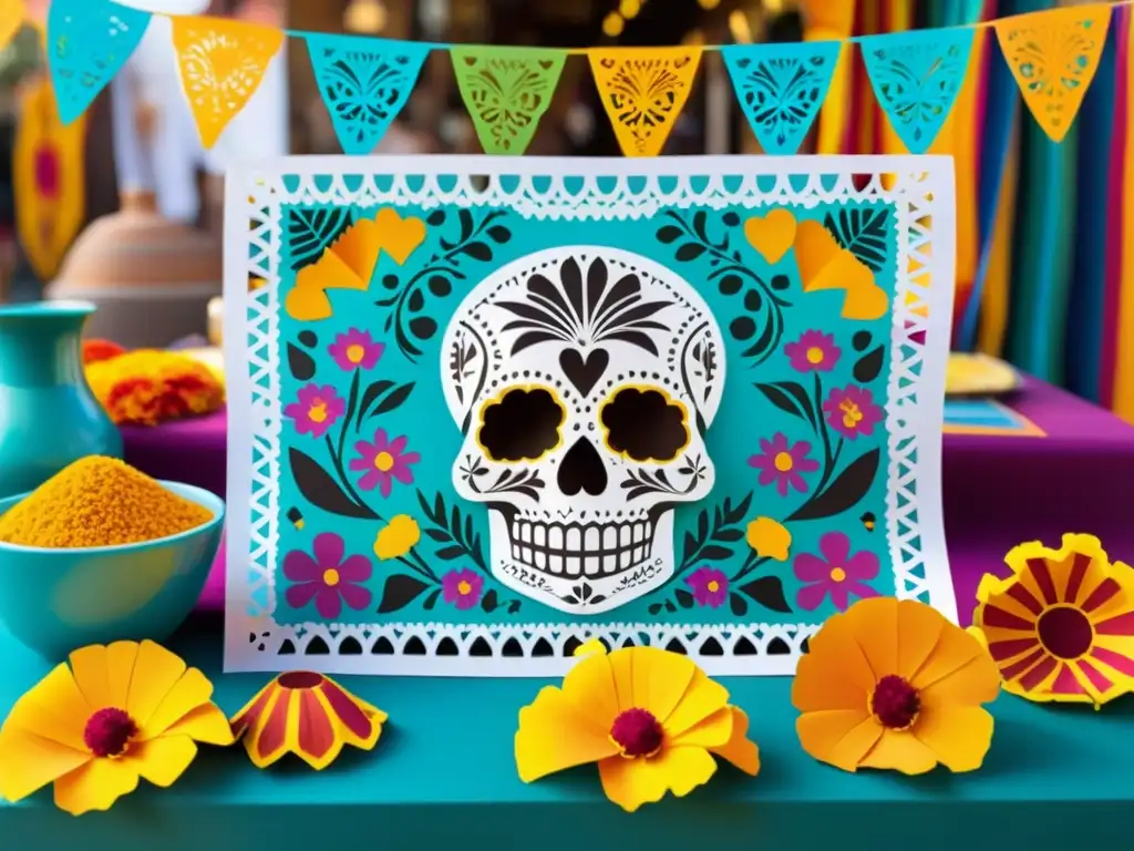 Tradición papel picado México: Intrincado diseño de papel picado con motivos mexicanos y artesano hábil