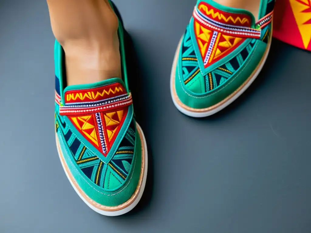 Un par de zapatos modernos adornados con vibrante y detallado arte Kuna Mola fusionando tradición y diseño contemporáneo