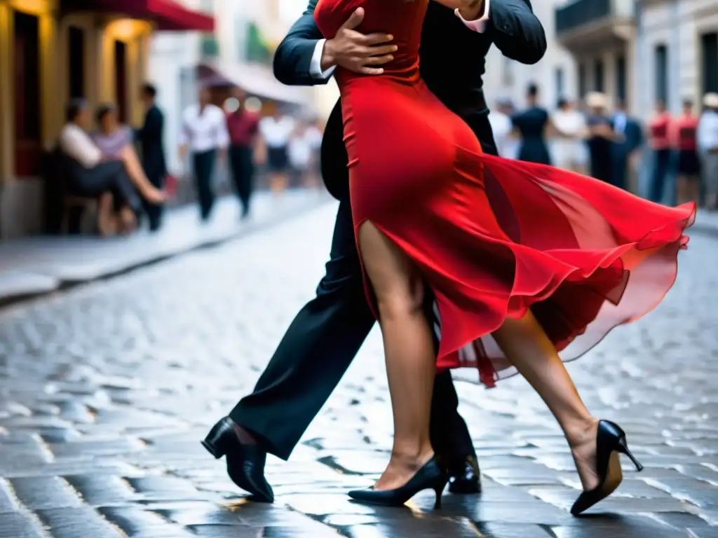 Una pareja apasionada baila tango en las calles empedradas de Buenos Aires, capturando la pasión cultural de la ciudad