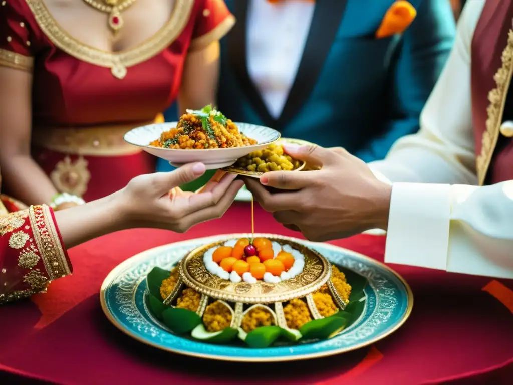 Una pareja de recién casados se alimenta mutuamente en una ceremonia nupcial, destacando las tradiciones alimenticias en ceremonias matrimoniales