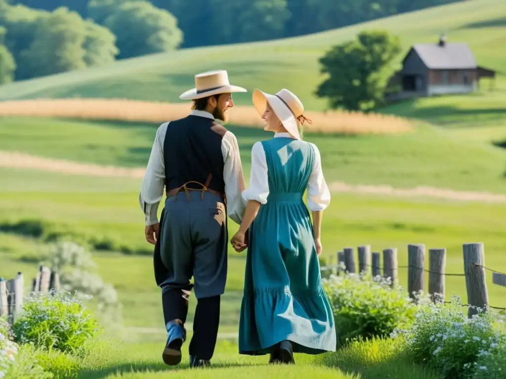 Una pareja Amish se sostiene de manos en un prado soleado, con colinas verdes y un cielo azul vibrante de fondo