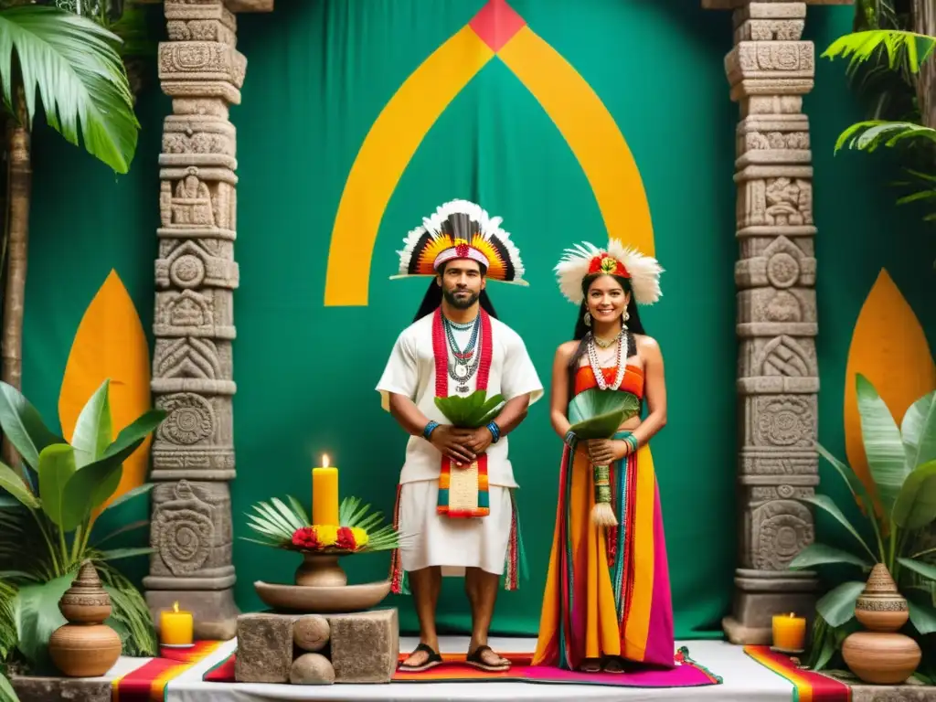 Una pareja maya recibe la bendición del cacao en su ritual matrimonial entre colores vibrantes y exuberante naturaleza