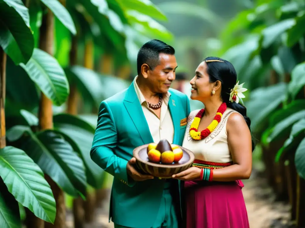 Una pareja maya participa en rituales matrimoniales de bendición cacao, rodeados de la exuberante plantación