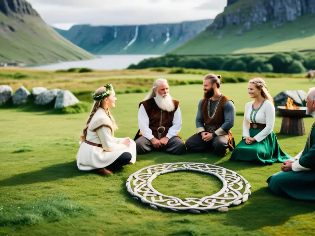 Una pareja participa en un ritual matrimonial vikingo al aire libre bajo el sol nórdico, rodeada de paisajes verdes y piedras antiguas