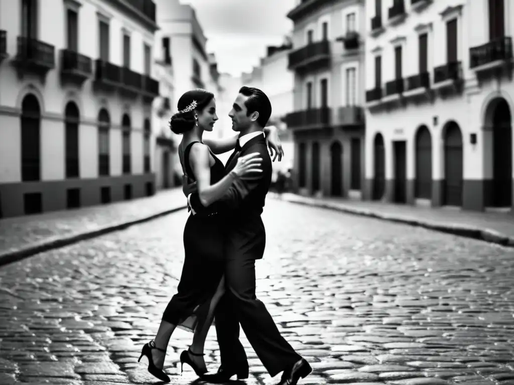 Una pareja bailando apasionadamente el tango en las calles empedradas de Buenos Aires, con edificios históricos de fondo