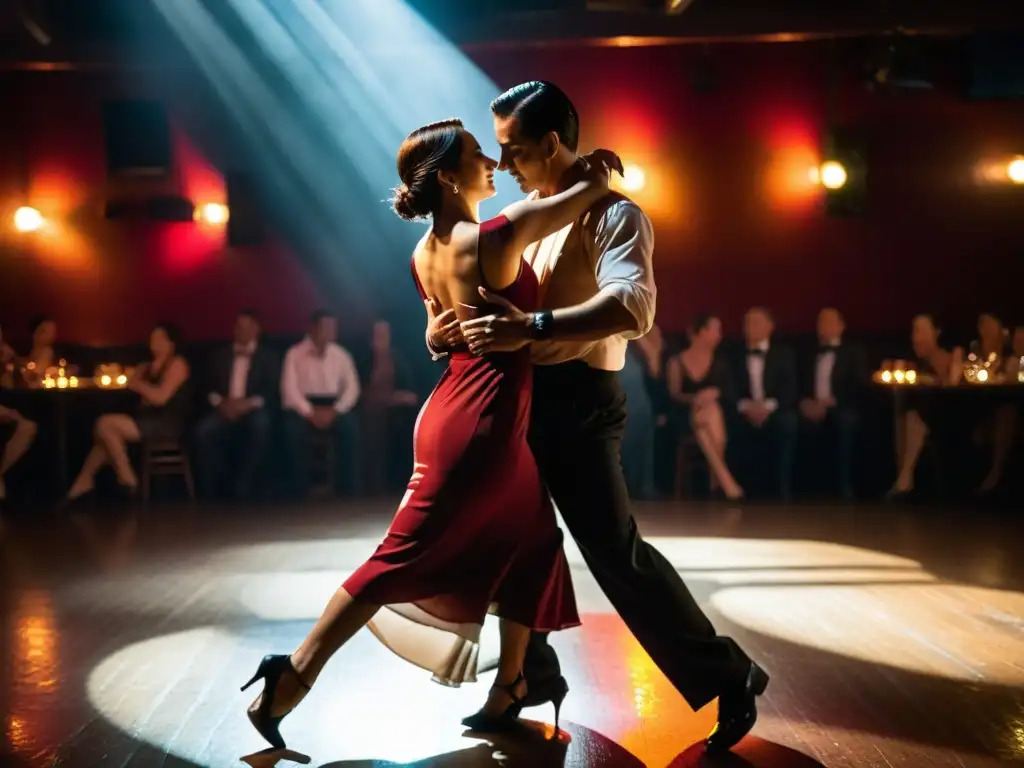 Una pareja bailando tango con pasión cultural de Buenos Aires en un club íntimamente iluminado con cálidos colores y expresiones intensas