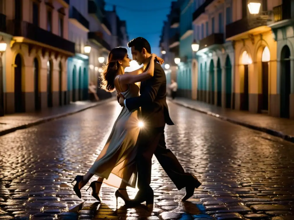 Una pareja baila tango apasionadamente bajo la luz de una farola en una calle de Buenos Aires, capturando la pasión cultural de la ciudad