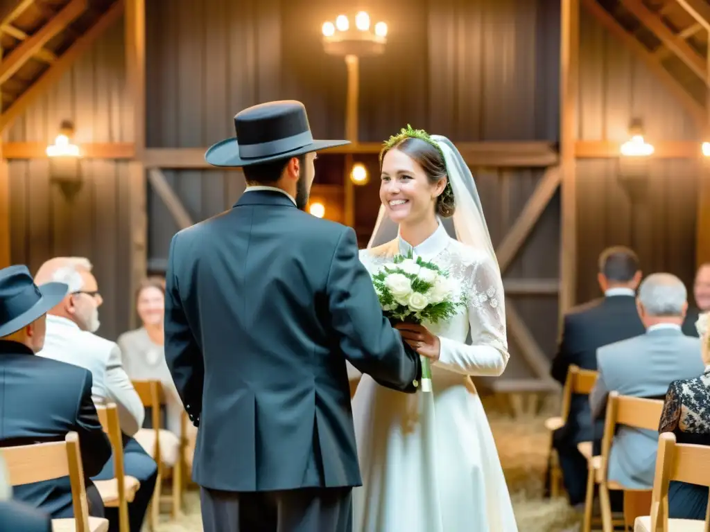 Una pareja Amish intercambia votos en una íntima boda en un granero rústico, reflejando las tradiciones y la unidad en la cultura Amish