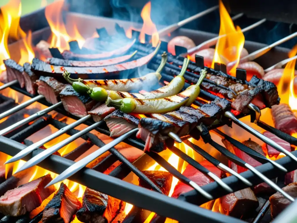 Una parrilla argentina tradicional en acción, con brasas al rojo vivo y cortes de carne sizzling