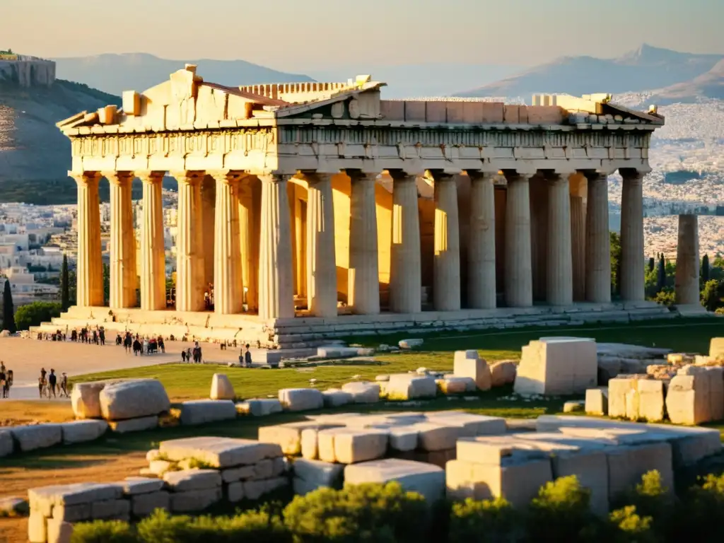 El Partenón en Atenas, Grecia, bañado por la cálida luz del atardecer, mostrando la majestuosidad de la arquitectura griega y la mitología