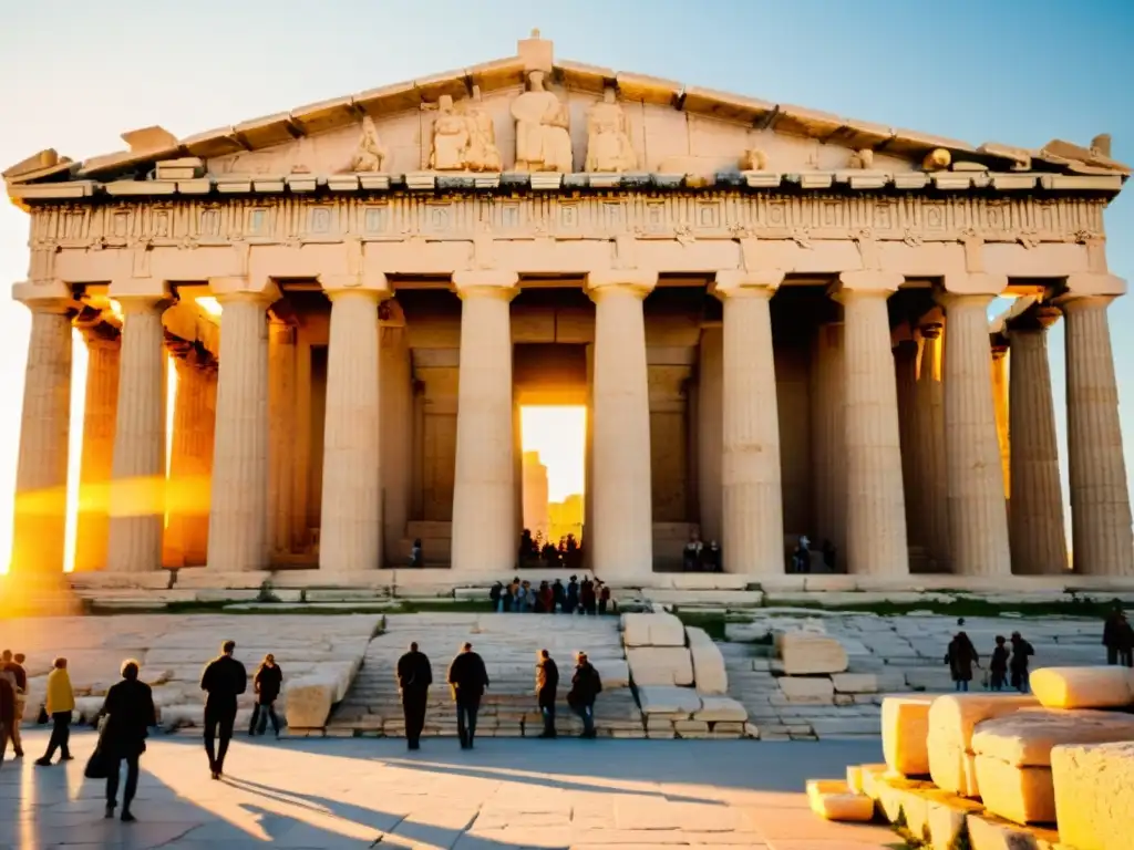 El Parthenon en la Acrópolis de Atenas, bañado por la cálida luz del atardecer, muestra su intrincada arquitectura y esculturas