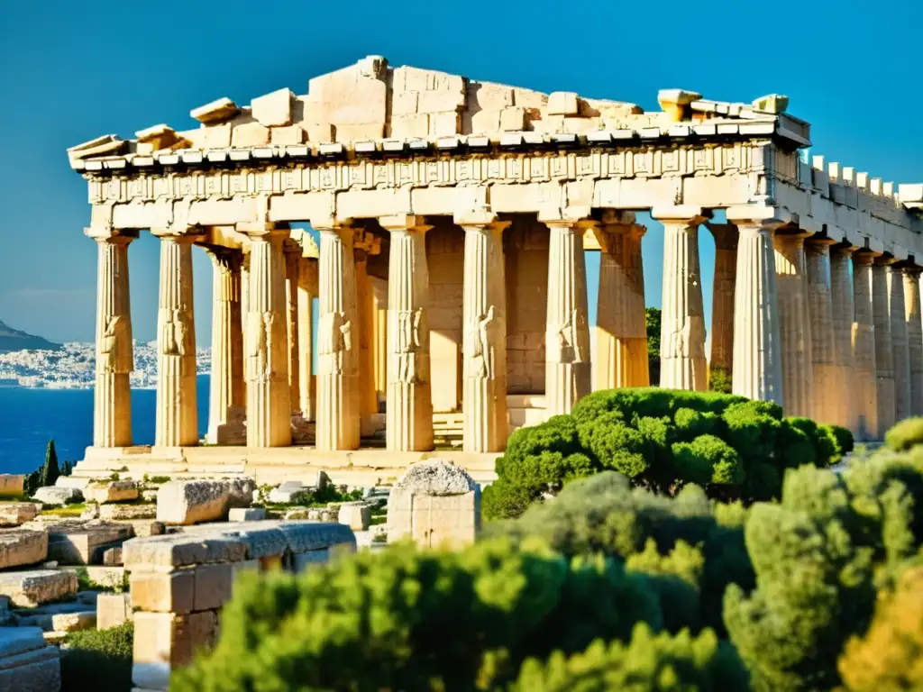 El Parthenon en la Acrópolis de Atenas, bañado por la cálida luz del sol