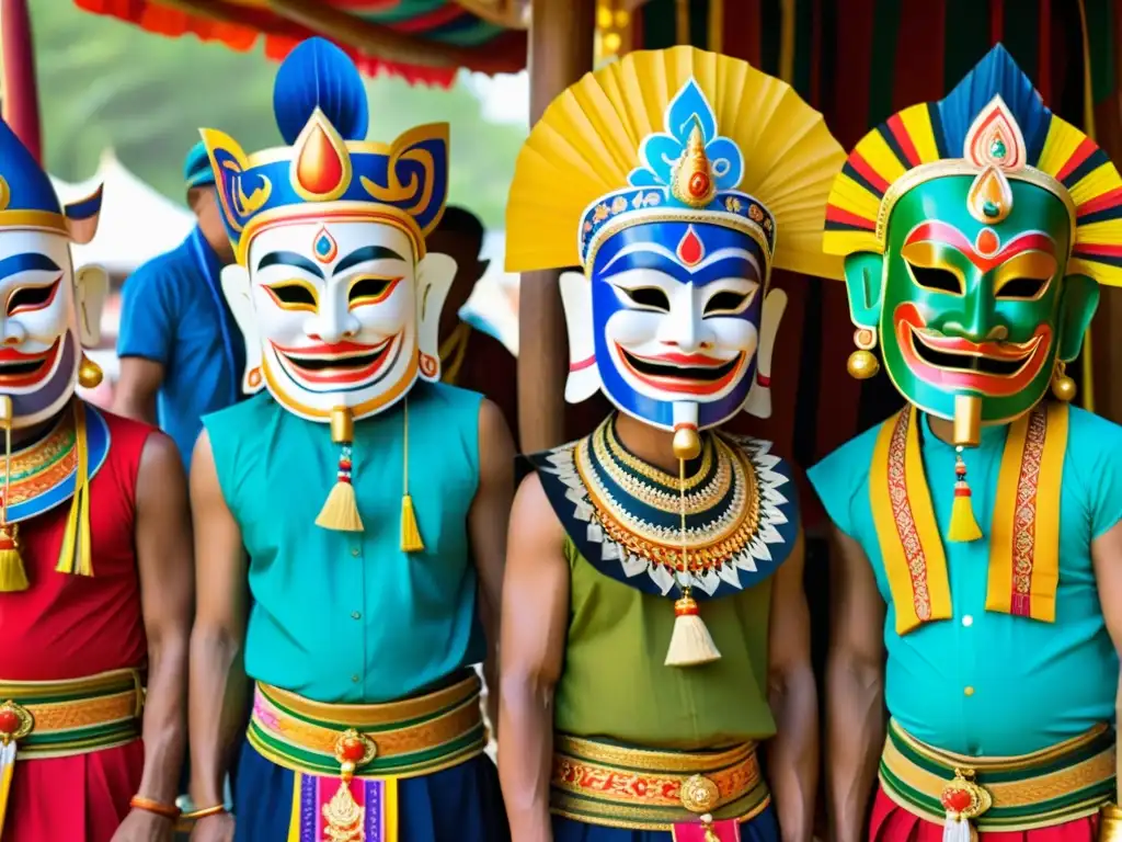 Participantes del Festival Phi Ta Khon Tailandia con máscaras de madera talladas y coloridas, bailando al ritmo de la música tailandesa, rodeados de exuberante vegetación y arquitectura de templos