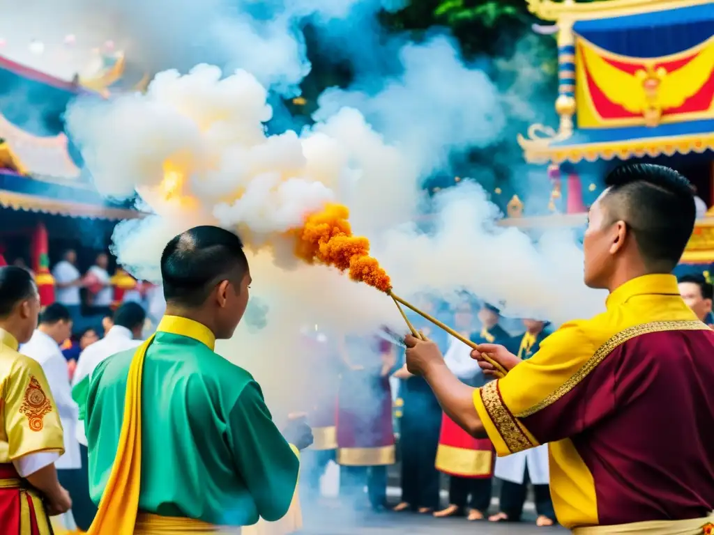 Participantes del Festival Vegetariano Phuket en ritual tradicional Taoísta, con coloridos trajes y humo de incienso