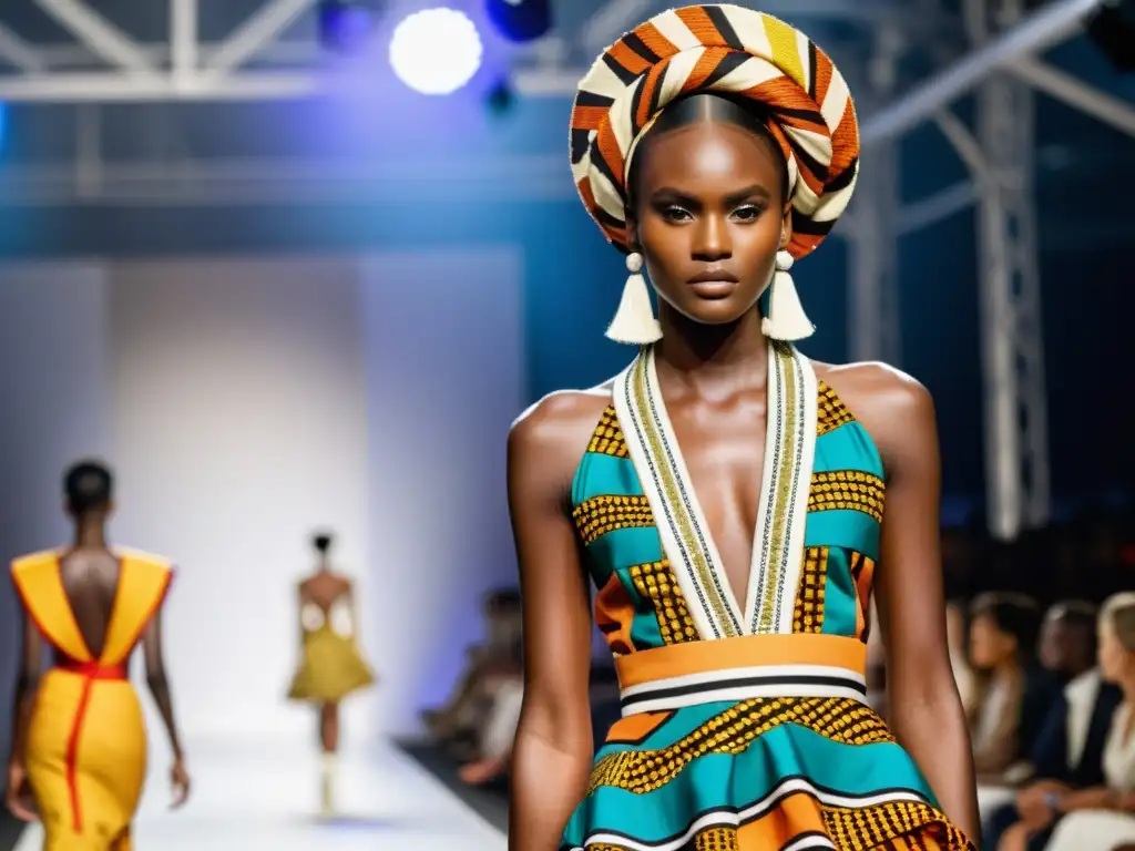 Una pasarela impactante exhibiendo patrones africanos en alta costura, fusionando tradición y modernidad con confianza y arte