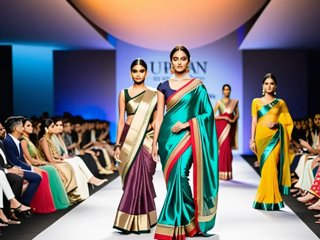 Una pasarela de moda india moderna con modelos luciendo saris en vibrantes colores y patrones