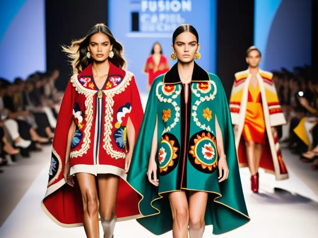 Una pasarela de moda moderna con modelos luciendo capas españolas contemporáneas, mostrando la historia de la capa española en la moda actual