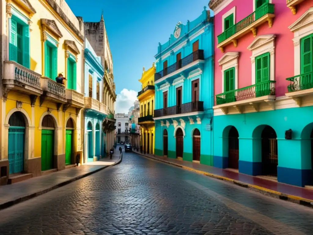 Paseo por la historia viva de La Habana Vieja: calles empedradas, edificios coloniales coloridos, luz y sombra en fachadas vibrantes