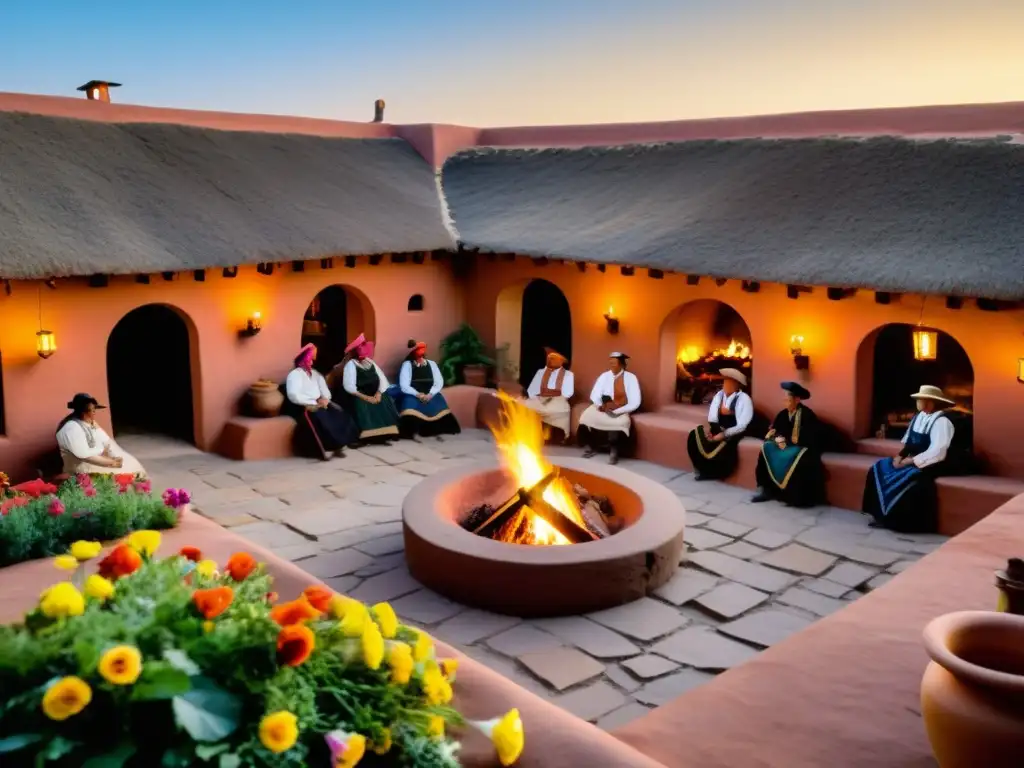 Un patio de hacienda con flores vibrantes y rancheros preparando un asado