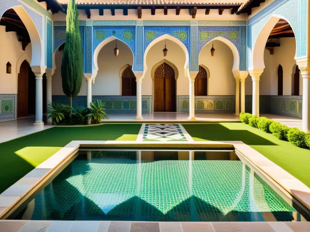 Un patio islámico con azulejos, agua serena y vegetación exuberante, reflejando la importancia del agua en el arte islámico