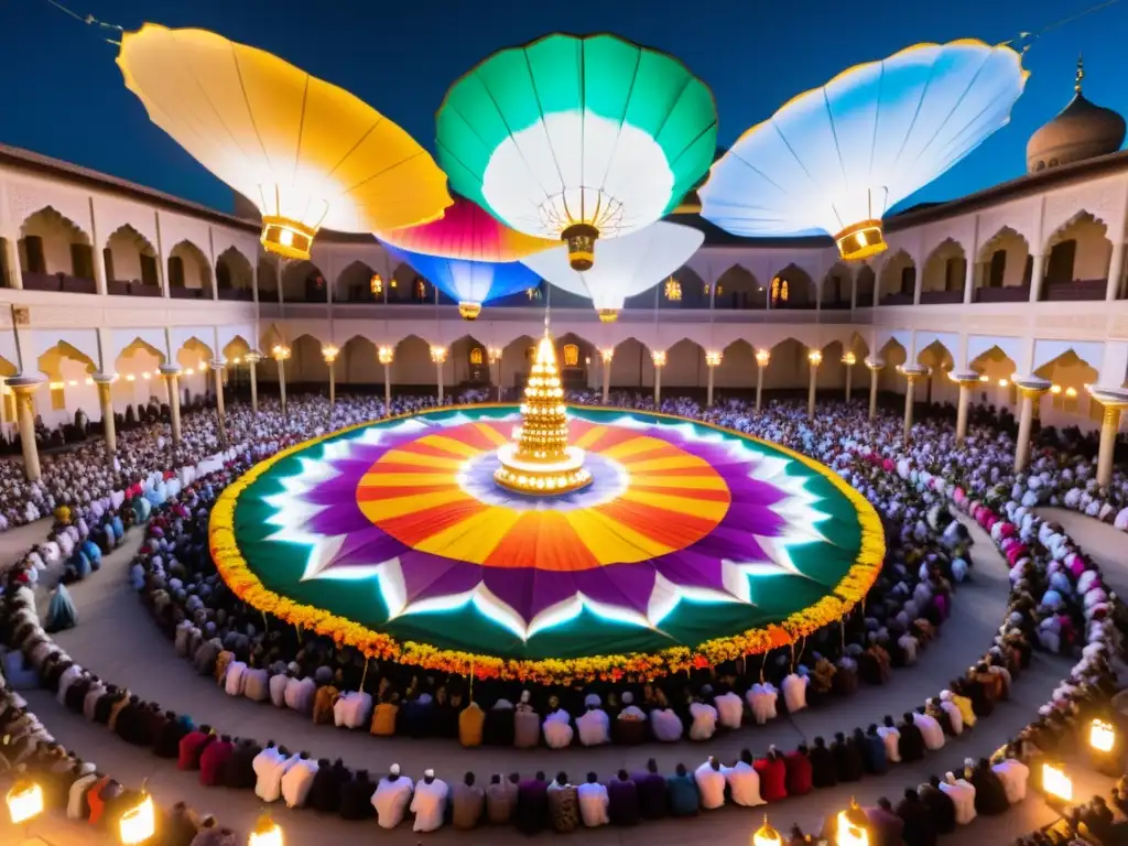 Un patio de mezquita decorado con tapices vibrantes y miles de linternas, creando un ambiente cálido en la Festividad del Moulid en Egipto