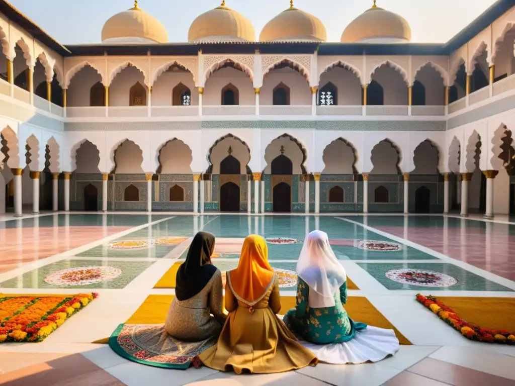 Un patio de mezquita con mujeres en celebraciones islámicas tradicionales, rodeadas de flores y patrones geométricos