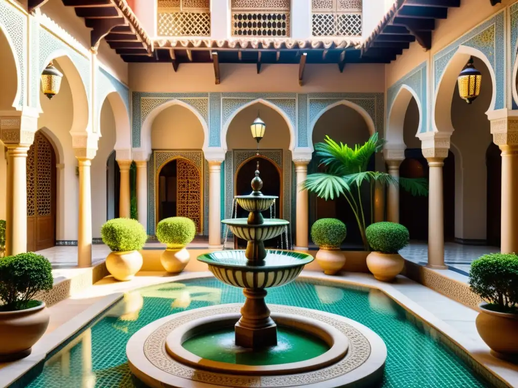 Un patio tradicional en un hotel temático de cultura local, con mosaicos, una fuente y vegetación exuberante