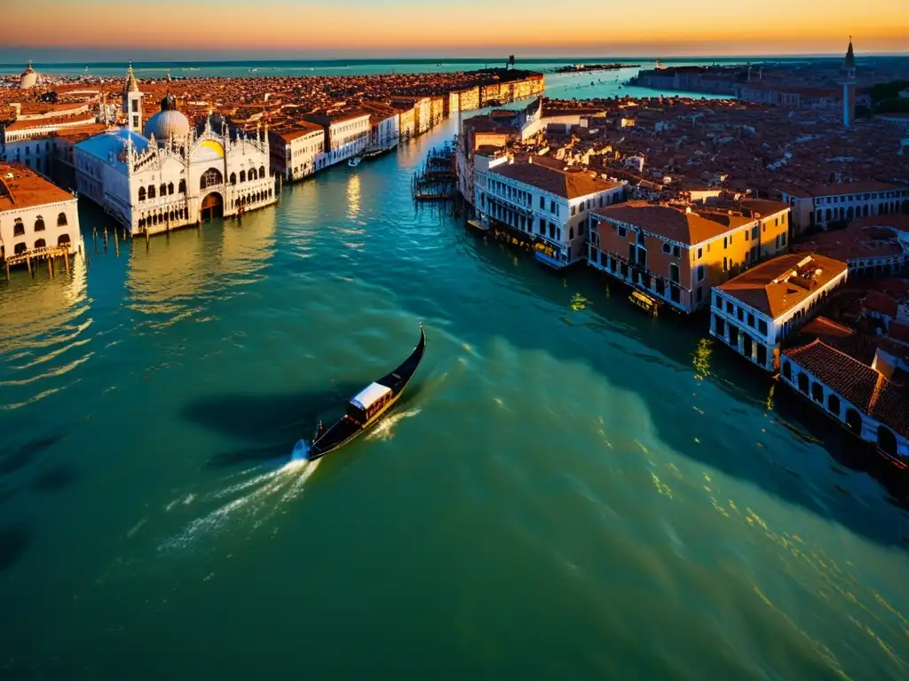 Patrimonio cultural sumergido Venecia: Atardecer dorado ilumina edificios antiguos y góndolas sumergidas en el agua cristalina