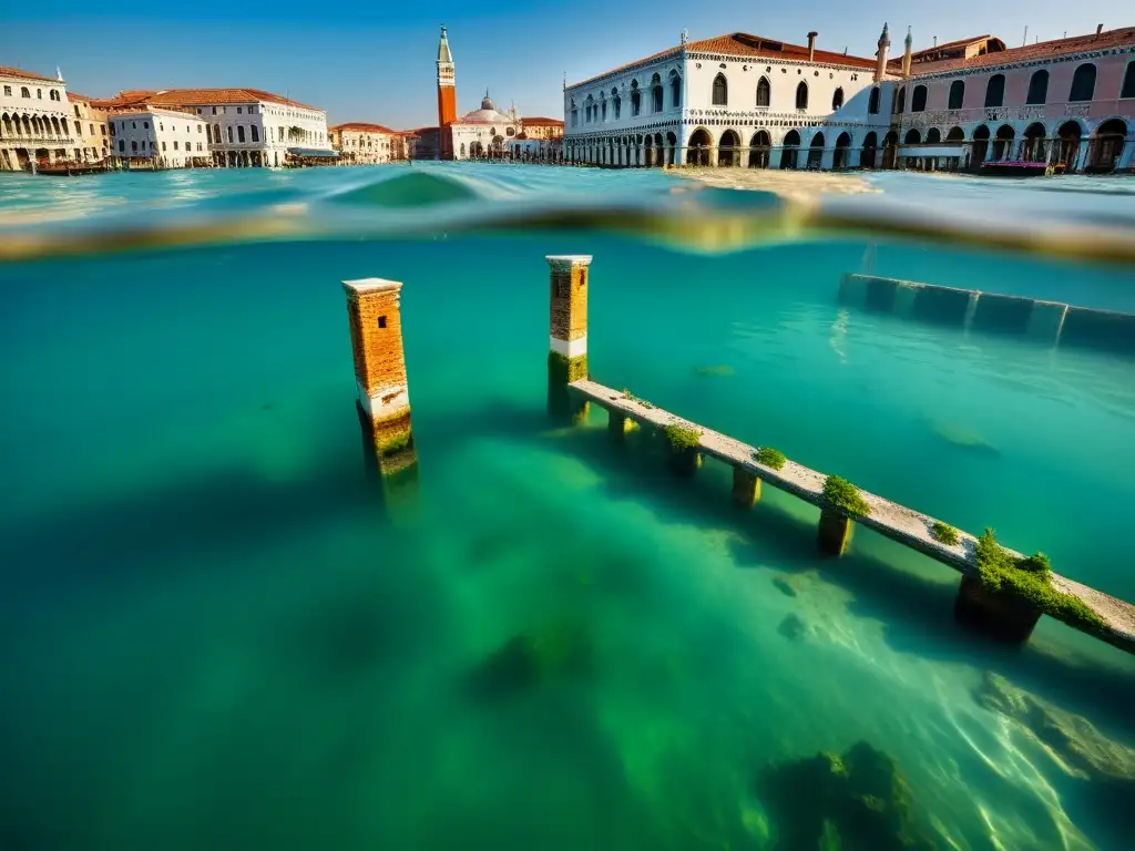 Patrimonio cultural sumergido en Venecia: Detalles impresionantes de ruinas antiguas y vida marina en una fotografía subacuática